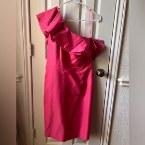 Rose pink, one shoulder formal, cocktail length, 8 TALL, J Crew dress.